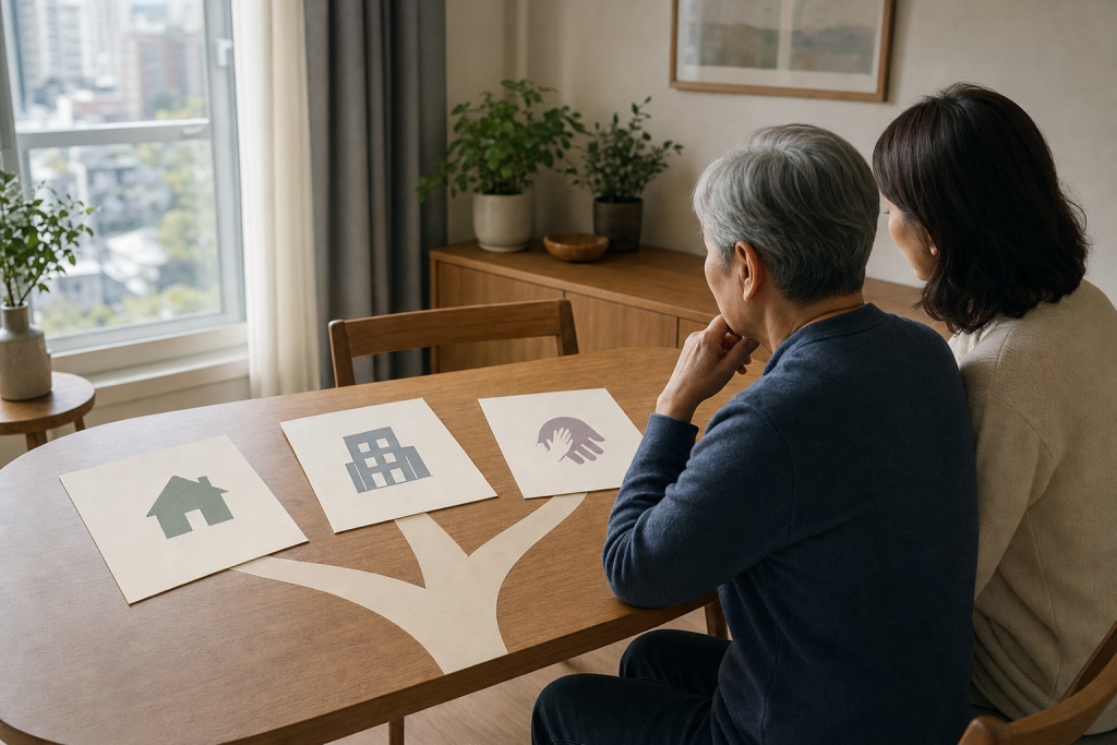 고령의 부모와 성인 자녀가 집, 주거시설, 돌봄 지원 세 갈래를 함께 살피는 장면