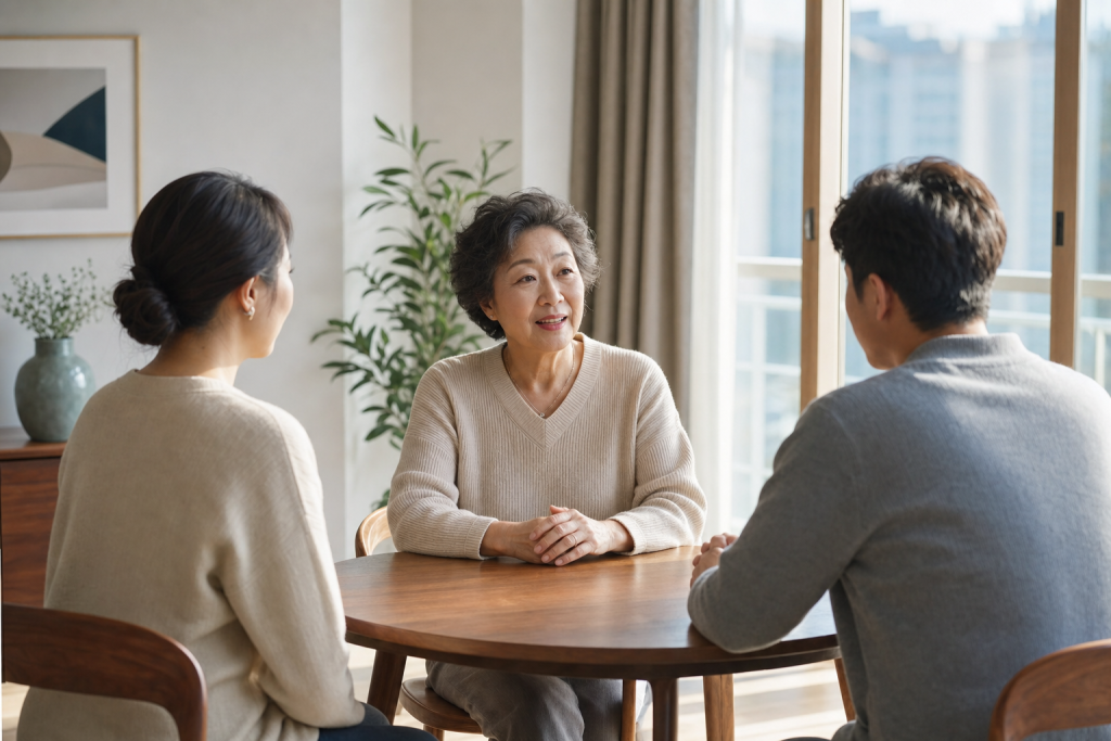 집 식탁에서 고령의 여성이 성인 가족에게 자기 생활 기준을 차분히 말하는 장면
