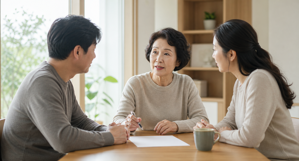 고령의 부모와 성인 가족 두 명이 식탁에서 후보 비교 전 기준을 함께 검토하는 장면