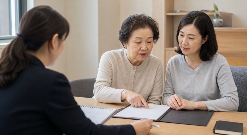 고령의 여성과 성인 가족이 상담 안내문을 보며 확인할 질문을 정리하는 장면