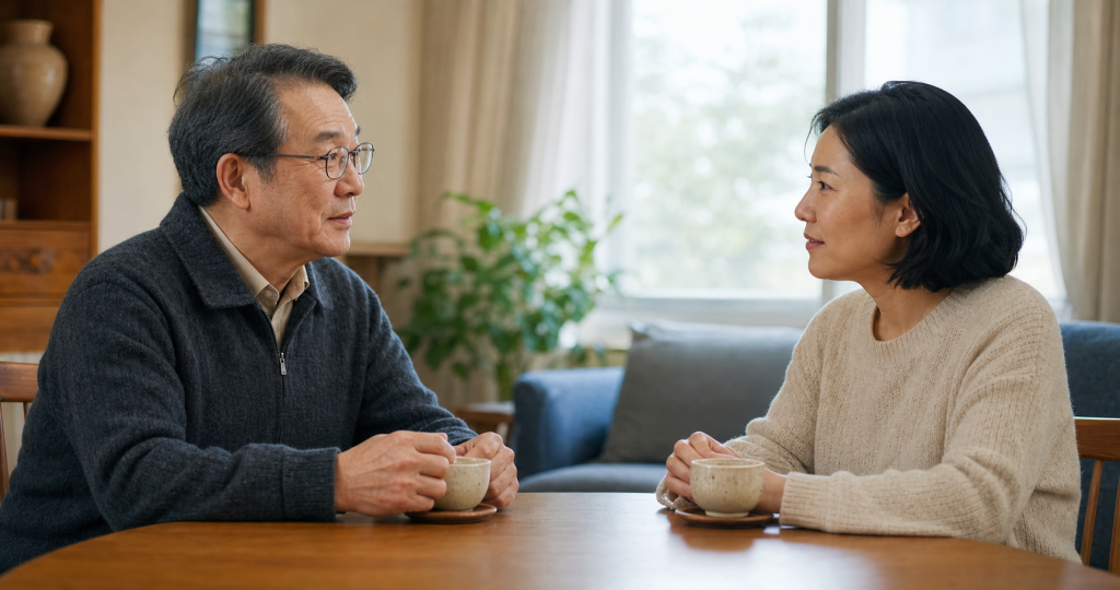 고령의 아버지와 성인 딸이 거실 식탁에서 마주 앉아 대화하는 장면