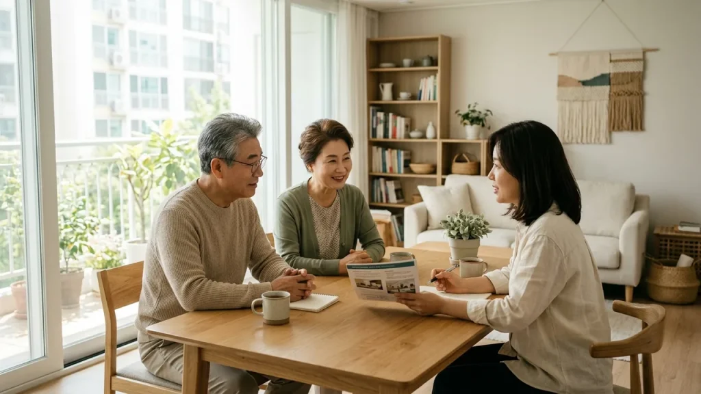 실버타운과 요양원의 법적 시설 유형 차이를 가족과 상담하는 모습