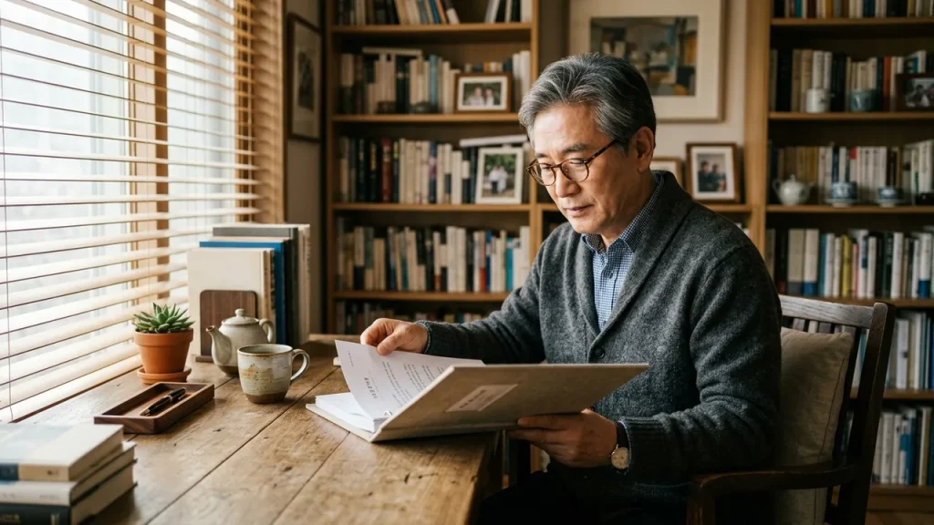 시니어 주거 시설 유형과 계약 용어를 돋보기와 문서로 꼼꼼히 검토하는 모습
